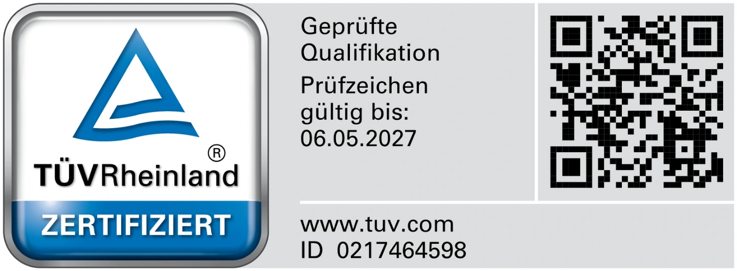 TÜV Rheinland: geprüfte Qualifikation, Prüfzeichen gültig bis 06.05.2027