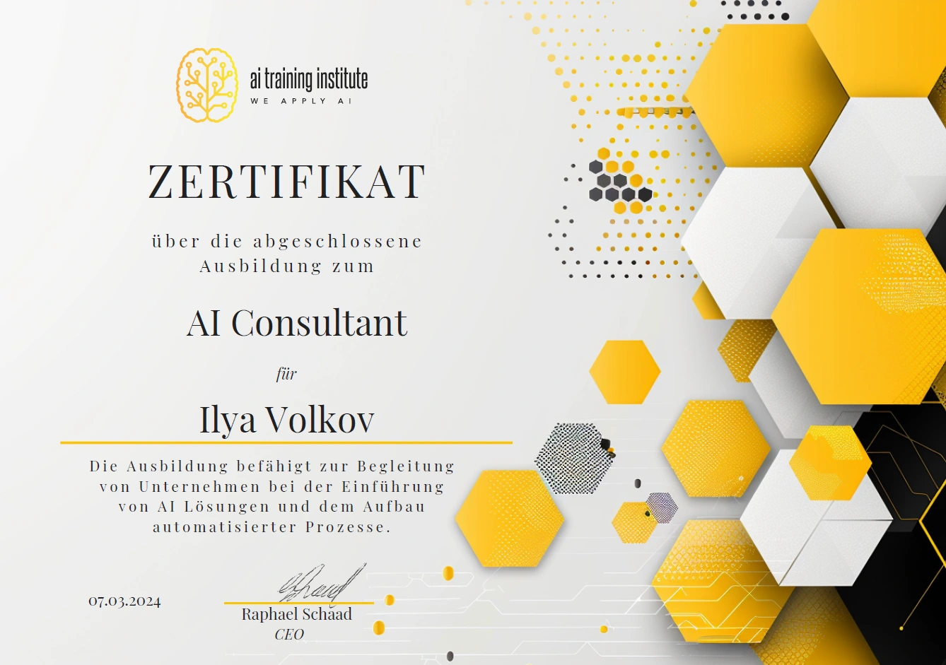 Zertifikat des ai training institute: Ilya Volkov, AI Consultant